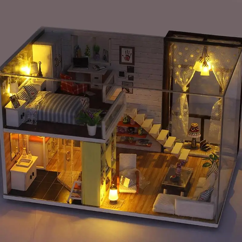 DIY Wooden Miniature Dollhouse Assembly Building Toy Dollhouse Miniatures DollHouse Kits