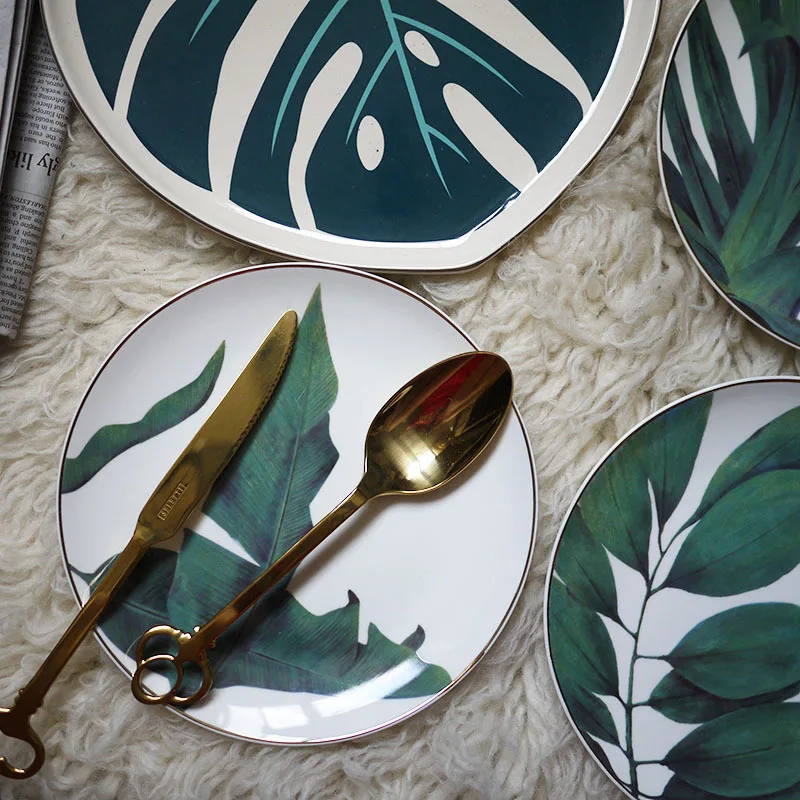 Home Decoration Phnom Penh Green Leaves Nordic Tropical Western Style Dessert Plates Cutlery Ceramic Fruit Circular Fashion Cake