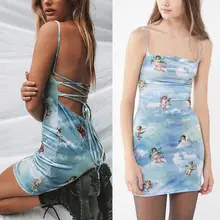 Повседневное мини-платье без рукавов на бретельках летнее женское Бандажное платье с принтом ангела и вырезом лодочкой Элегантные Короткие вечерние платья