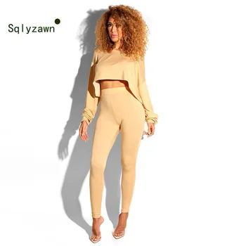 

New Autumn Women Casual Tracksuit 2 Piece Sets Loose Short Crop Top + Skinny Pencil Pants Elastic High Waist Two Piece Pants Set