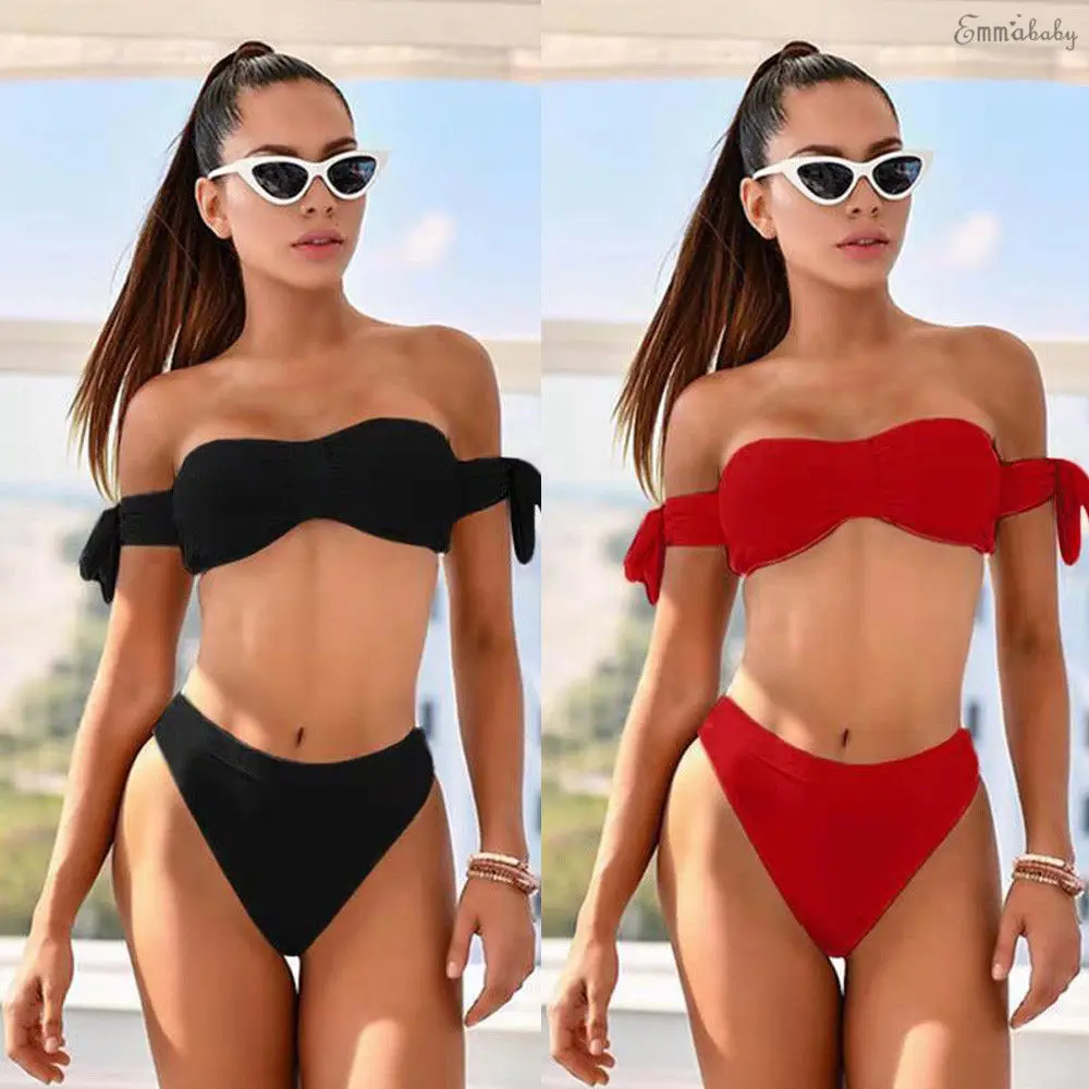 

High Waist Swimsuit 2019 Sexy Bikinis Women Solid Swimwear Ruffles Vintage Bandeau off Shoulder Bikini Set Bathing Suits