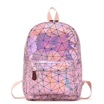 

Street Style Women Hologram Learning Backpack Geometric PU Leather Laser Daypacks Girl School Bag Female Traveling Backpack