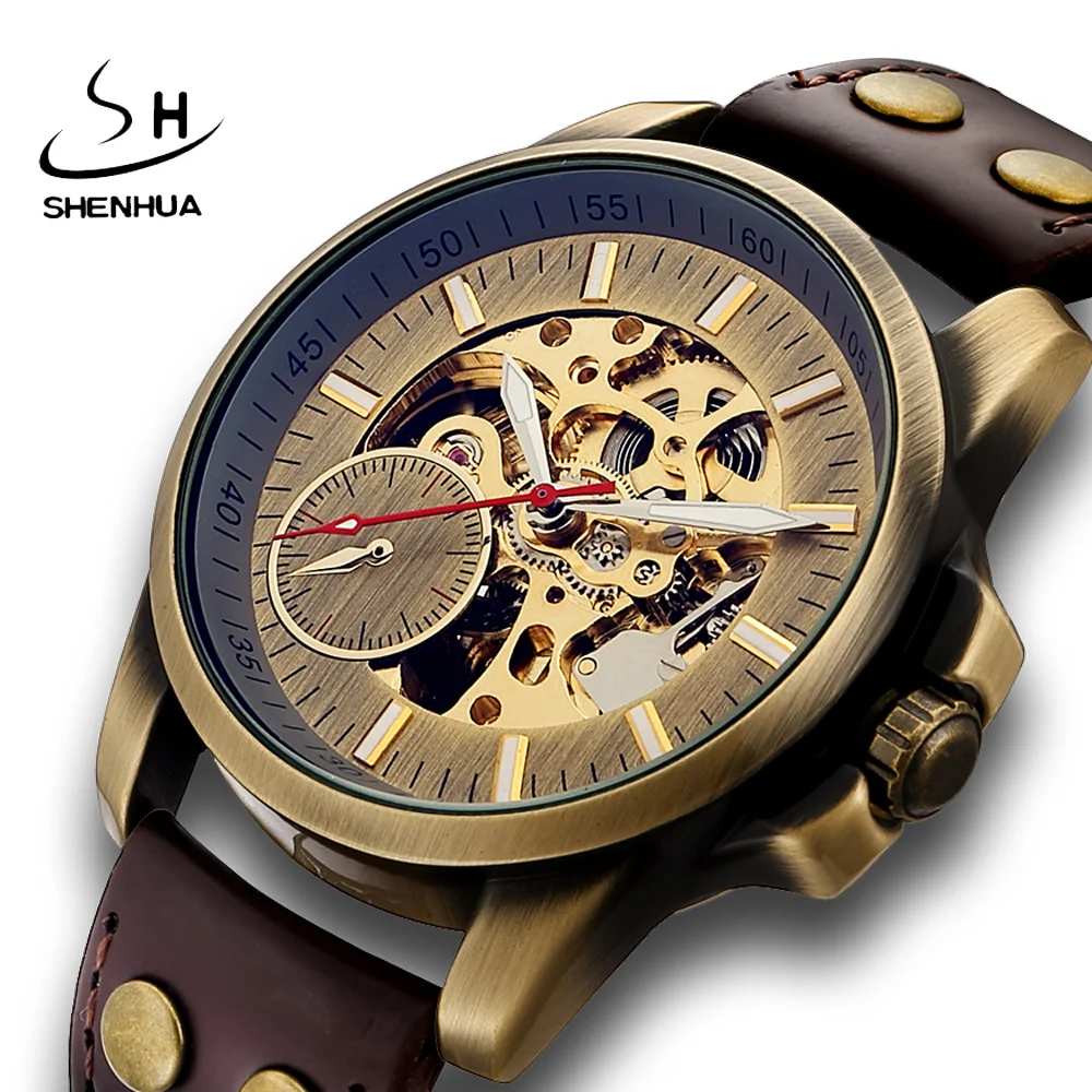 

Bronze Automatic Mechanical Men Watch Steampunk Skeleton Men's Sport Wrist Watches Leather Band Luxury Man Clock Self-winding