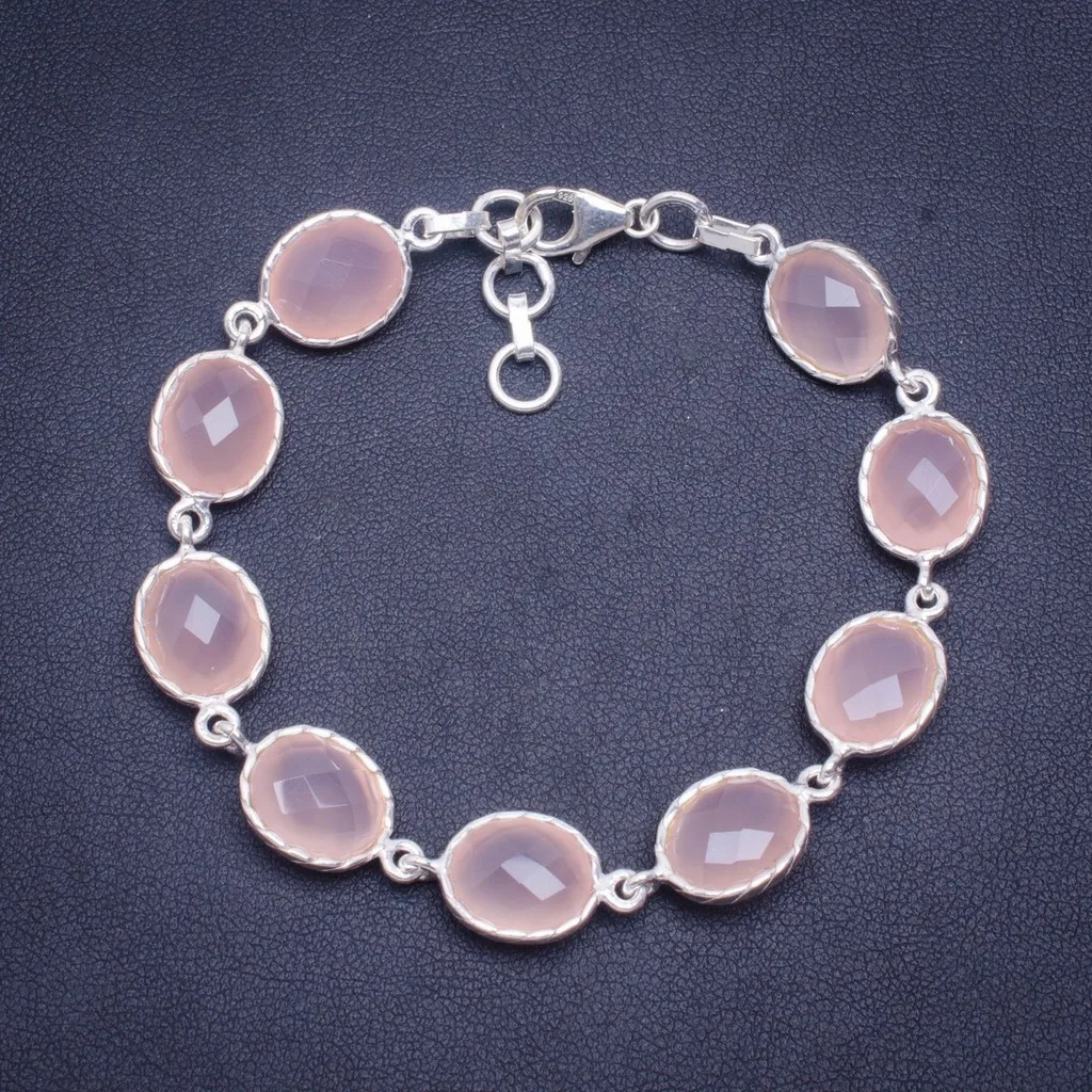 

Natural Rose Quartz Handmade Unique 925 Sterling Silver Bracelet 7.25-8" A3020