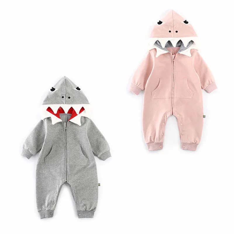 

0-24M Lovely Autumn Winter Baby Boy Girl Cotton Romper Long Sleeve Hooded Romper Newborn Baby Girl Boy 3D Shark Long Jumpsuit