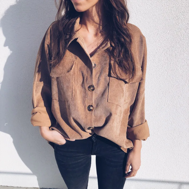 

Corduroy Shirt Women Long-Sleeved V Neck Blouse Button Pocket Loose Top Femme Vintage Casual Jumper Tops Blouses