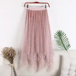 2019 юбка из тюля со звездами и блестками, асимметричная юбка с завышенной талией, длинные плиссированные школьные юбки, свободная