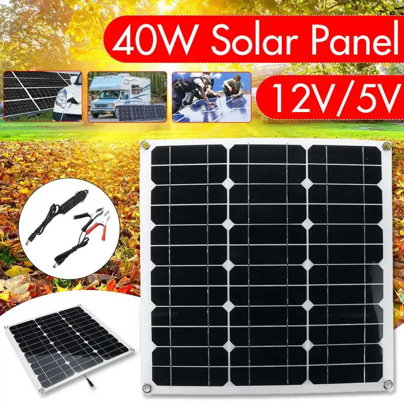 

40w Portable Solar Panel Panels Solar Cells Cell Module Double USB interface12V/5V for Car Yacht Led Light Boat Outdoor Charger