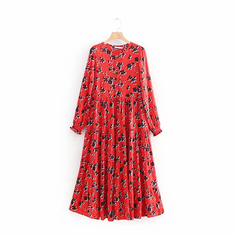 

2019 women fashion floral print red long dress ladies o neck pleated big swing chic vestidos retro brand party dresses
