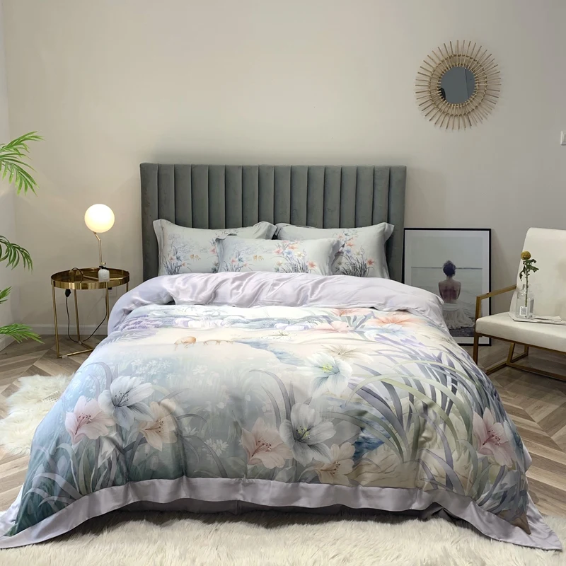 

100% bamboo fiber satin duvet cover set European style bedding silk feeling floral cartoon smooth soft king queen size bed linen