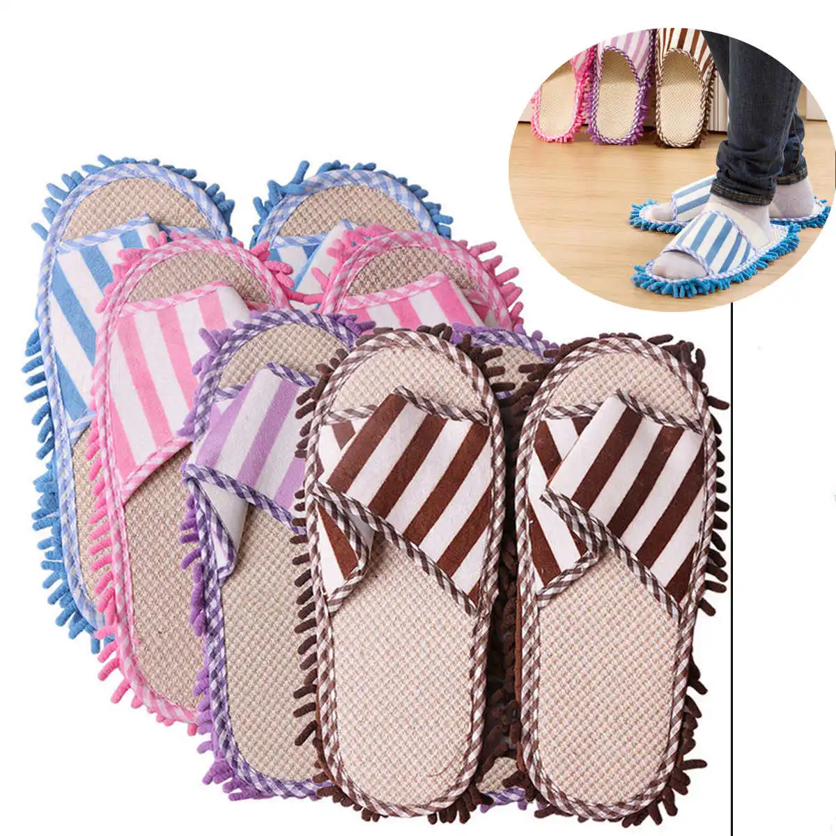 

1 Set Multifunction Cleaning Shoes Lazy Floor Dust Mop Slippers Quick Clean House Stripe Slippers Home Cleanning Tools