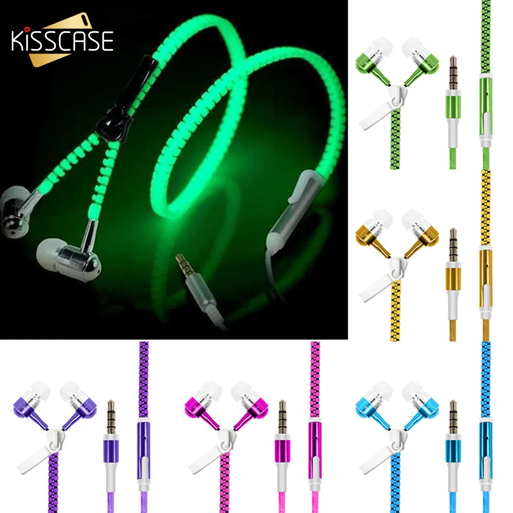 

KISSCASE Glowing Zipper Headphones Luminous Headset Sport Earbuds Music Wired Earphones for iPhone Huawei Samsung 3.5mm Plug