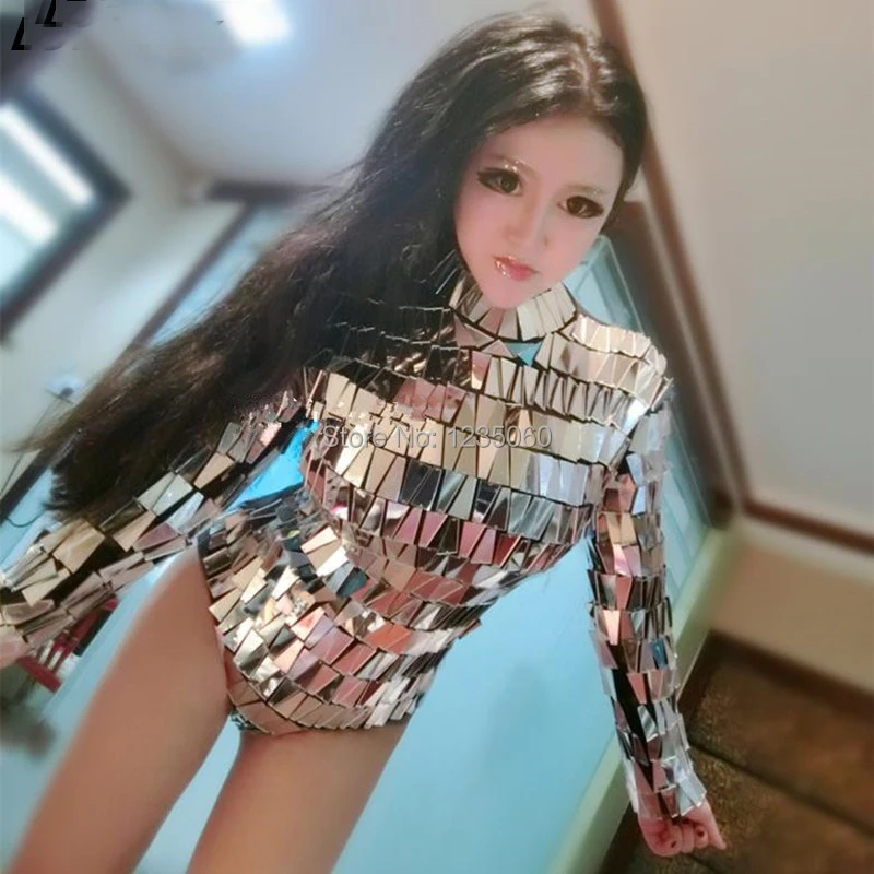 Women Silvery Reflective mirror Bodysuit Double-sided Hand Sewing Sequins Bodysuits Club Singer DJ Party Catwalk Stage Costumes | Дом и сад