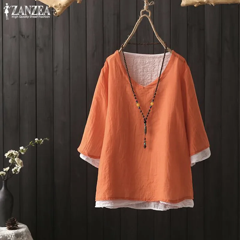 

Plus Size Womens Summer Blouse 2019 ZANZEA Female Fashion V Neck Tee Shirts Vintage Half Tunic Tops Layered Baggy Blusas S-5XL