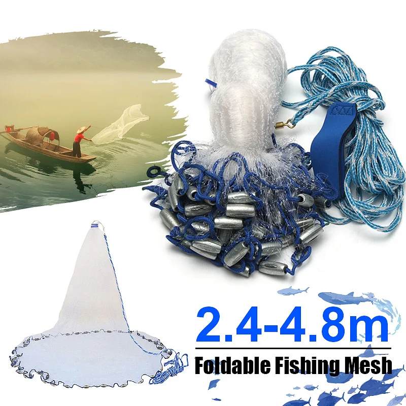

Large Spin Network Hand Cast Fishing Net Mesh Bait Fish Net 2.4m~4.8m With Sinker Throw Fishing Net