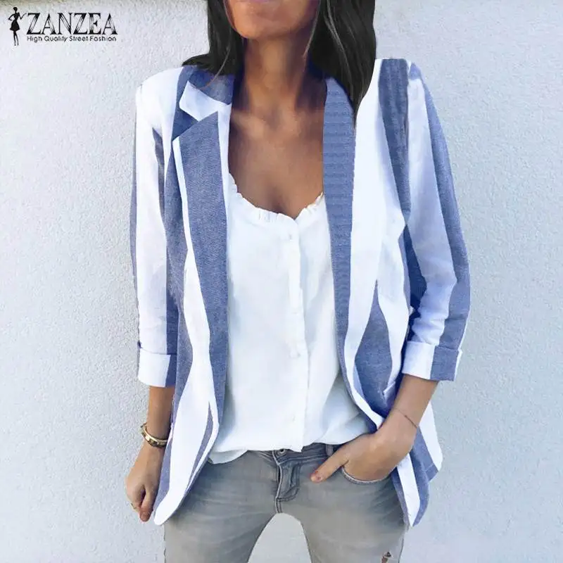 ZANZEA 2019 الربيع مخطط الحلل السترات النساء الدعاوى الإناث رداء علوي غير رسمي الأعمال العمل ارتداء ضئيلة معطف سيدة أبلى زائد حجم 5XL