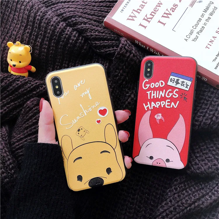 

Cute Cartoon Bear Winnie Pooh Piglet Phone Case For iPhone 7 7 Puls 6 6S 7 8 Puls X XS Max XR Cases Retro 3D Relief Soft Cover