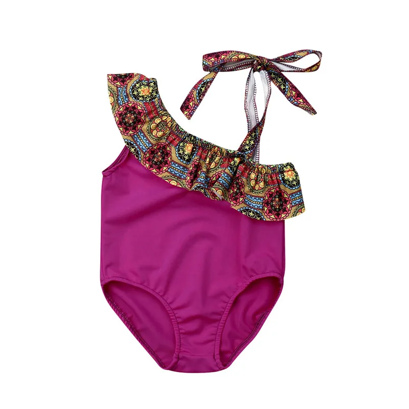 

Kids Baby Girls Swimwear Fashion One Shoulder Strap Bodysuit Girl Clothes Patchwork Sunsuit Beachwear Ethnic Style Summer 1-5Y