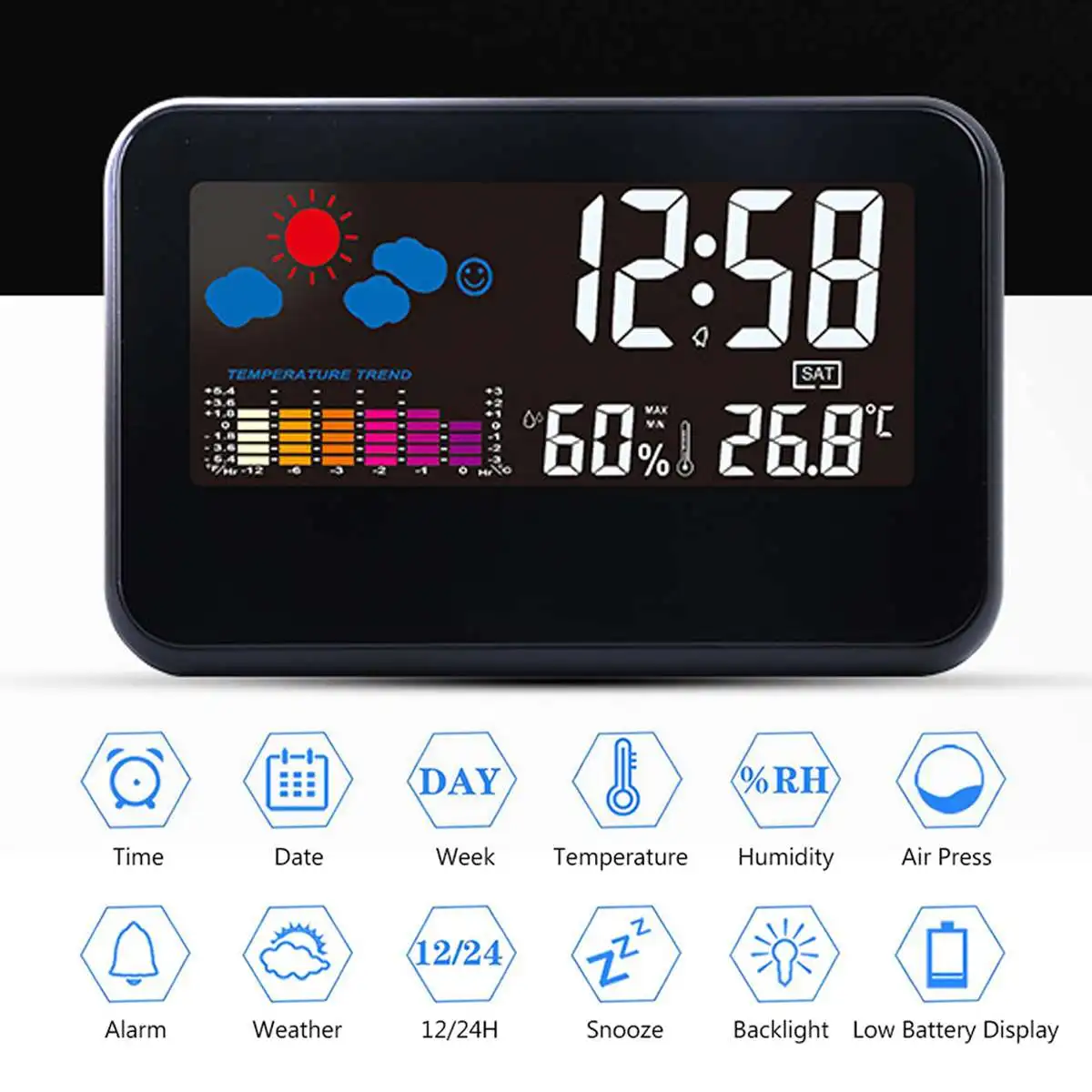 

Alarm Clock Digital LED Thermometer Humidity Meter Hygrometer Temperature Room Weather Voice Control Alarm Multi-function Table