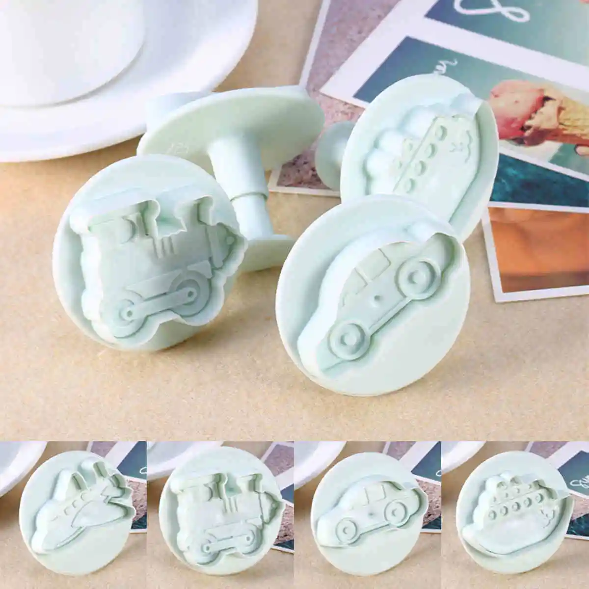 

JX-LCLYL 4pcs/lot Car Train Ship Plane Fondant Mold Cutter Cake Cookie Sugarcraft Decor Mould