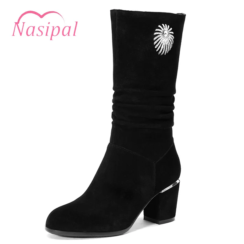 

Nasipal 2018 New Suede Women Boots Autumn Winter Ladies Fashion Genuine Leather Boots Shoes High Heels Suede Mid-Calf Boots V148