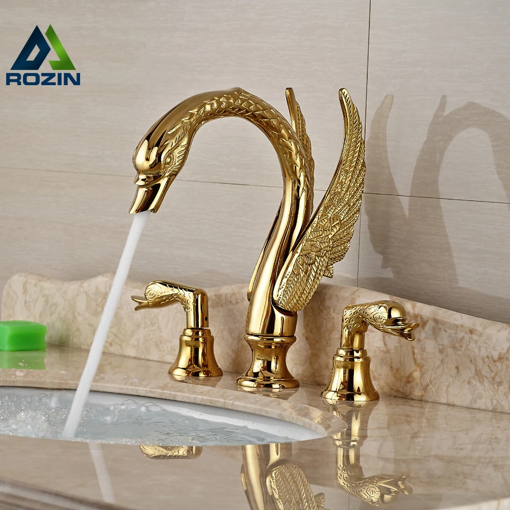 Soild Copper Gold Finish Bathroom Faucet Luxury Golden Swan Shape Basin Tap Dual Handle Deck Mount