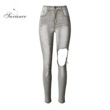 

Suvance Spring Fashion Ripped Holes High Waist Stretchable Cotton Pencil Jeans Quality Material Women Trousers