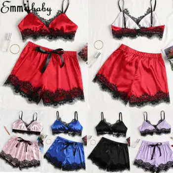 

Womens Satin Lace Pajamas Crop Bra Tops+Shorts Lingerie Sleepwear
