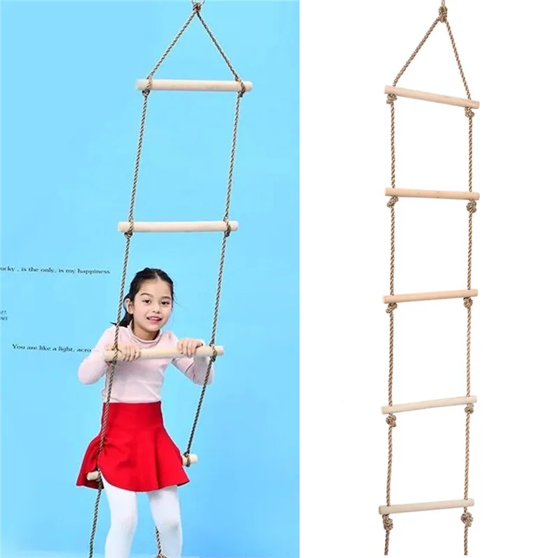 5 Rungs Wooden PE Rope Ladder Children Climbing Toy Kids Sport Rope Swing Safe Fitness Toys Equipment Indoor Outdoor Garden