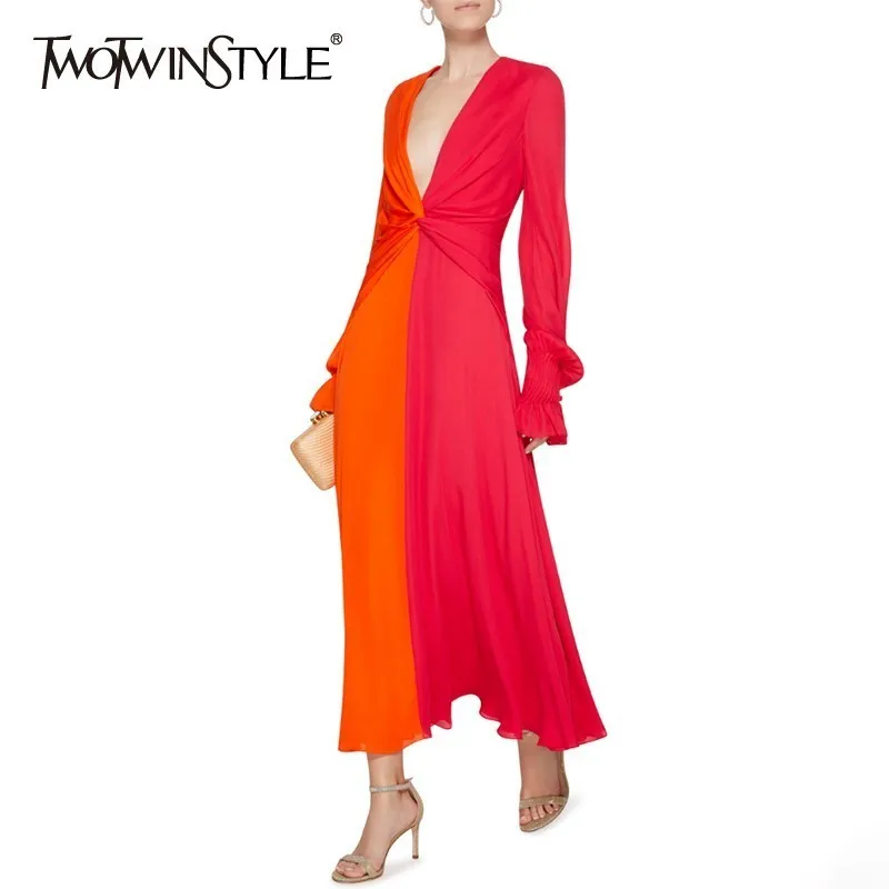 

TWOTWINSTYLE Hit Colors Patchwork Women Dress Lantern Sleeve Waist Cross V Neck Long Female Dresses 2019 Fashion Spring Clothes