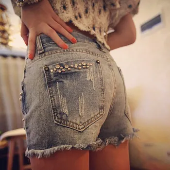 

Summer Beaded Denim Shorts Female Plus Size Women Jeans Shorts Tassel Denim Shorts High Quality Wash Jeans