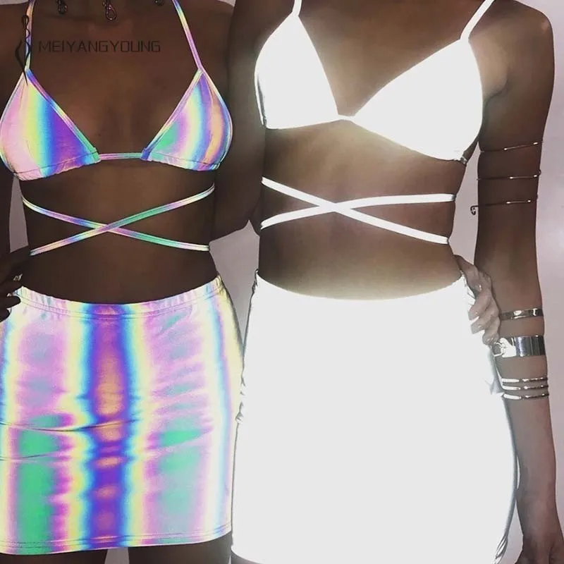 

MEIYANGYOUNG Criss-Cross Reflective Two Piece Set Summer 2019 Sexy 2 Piece Set Women Crop Top And Mini Skirt Matching Sets