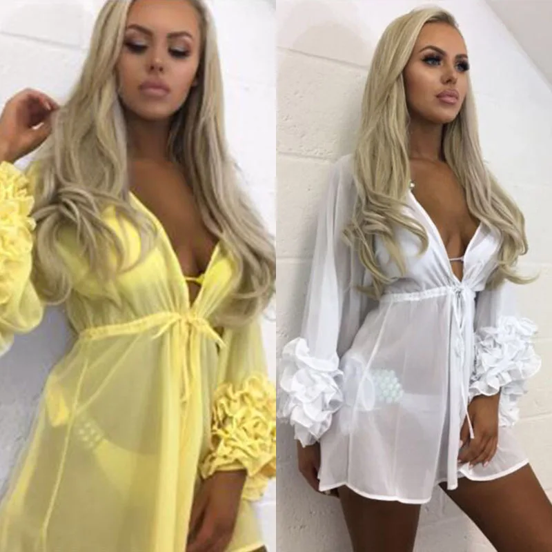 

2019 New Sexy Women Beach Cover-up Long Sleeve Ruffles Beach Tunic Bathing Suit Summer Beach Wear Swimwear Mesh Beach Dress