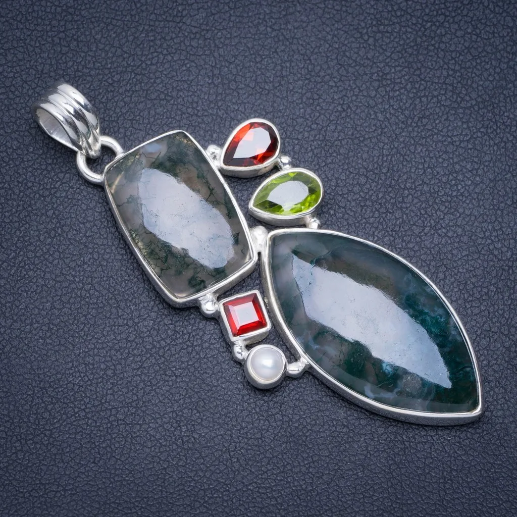 

Natural Moss Agate,Garnet,Peridot and River Pearl Handmade Unique 925 Sterling Silver Pendant 2.5" A0359
