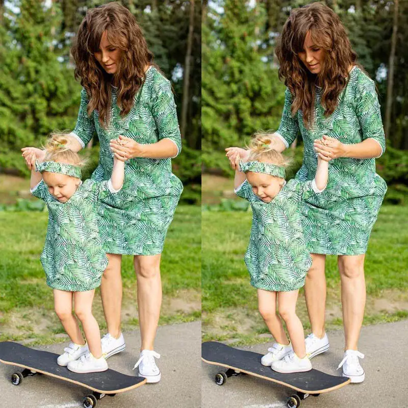 

2018 Multitrust Brand Family Clothes Mother Daughter Outfits Women Floral Dress Bodycon Skirts Summer Green Winter