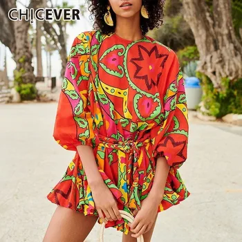 

CHICEVER Summer Vintage Print Dress Female O Neck Long Sleeve Bandage High Waist Pleated Slim Dresses Women Fashion Clothes New
