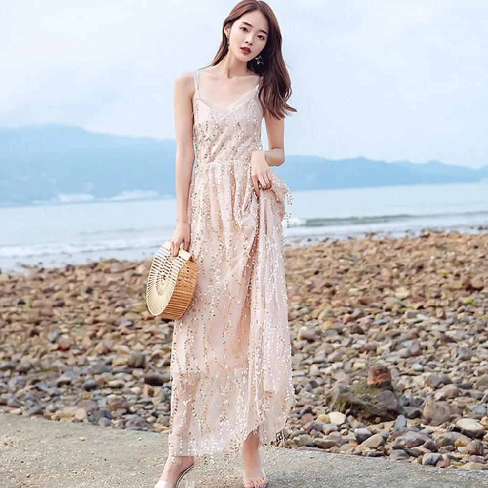 

Champagne Tassel Sequined Dress Women 2019 Summer Party Tulle Backless Criss-Cross Sexy Deep V Neck Spaghetti Strap Long Dress