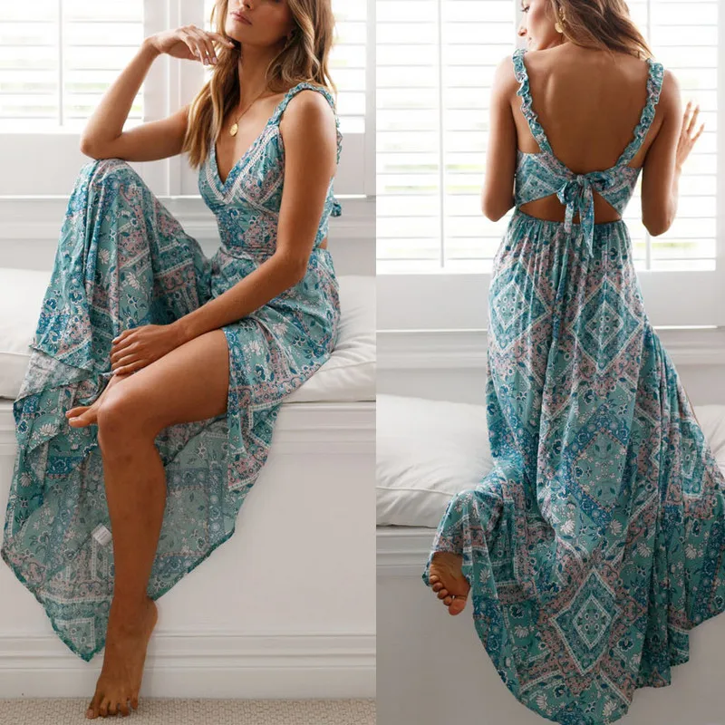 Women Boho Long Maxi Dress Summer Floral Print Bowknot Backless Beach Evening Party Strappy V Floral Sundress