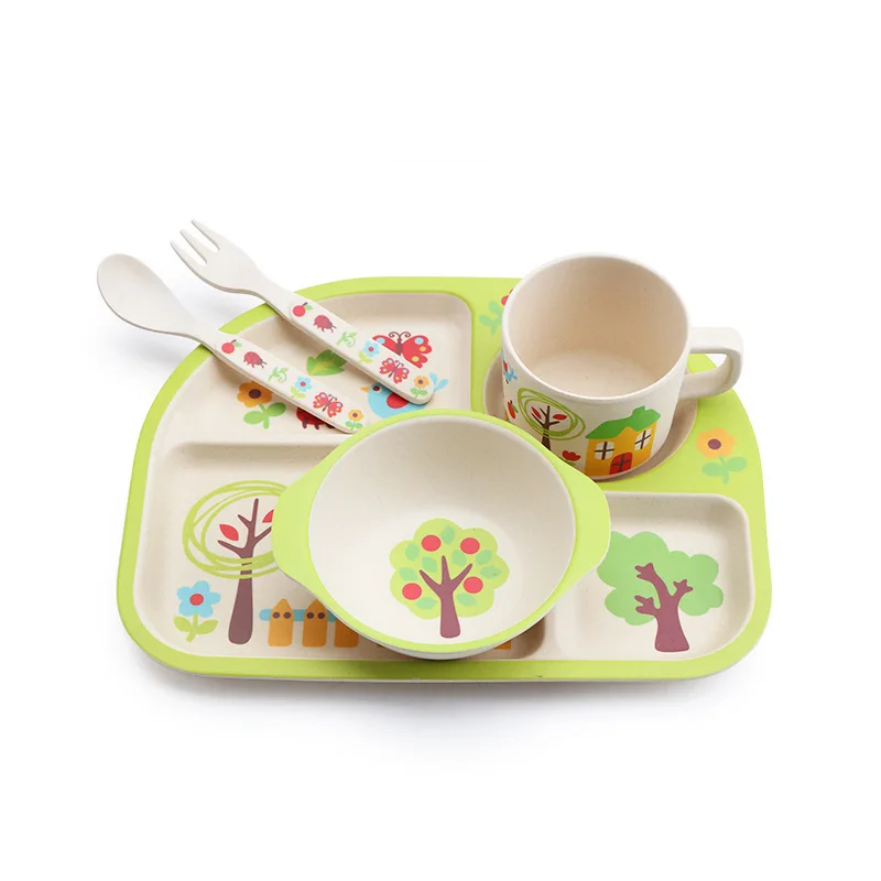 Новое поступление, 5 шт., детская посуда из бамбукового волокна с рисунком кота, лодки, вилки, миски для кормления детей, миска, чашка, ложка, тарелка, столовая посуда