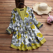 Tops Women V-neck Floral Printed Blouse 2019 Autumn Long Sleeve Shirt Baggy Cardigan Casual Loose Blusas Femininas Plus Size 5XL attractive floral printed v neck long sleeve blouse for women