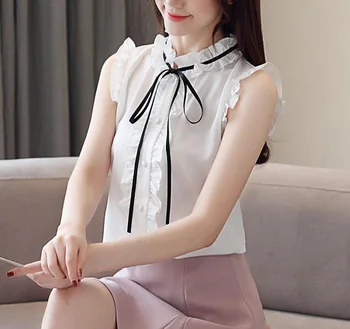 

Women White Stand Collar Fashion Chiffon Blouse 2019 Elegant Female Casual Patchwork Shirt Tops