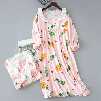 

2019 New Sweet Ammonia Cotton Lovely Home Dress Flamingo Ropa Para Dormir Mujer Three Quarter Loose Womens Lingerie Nightgown