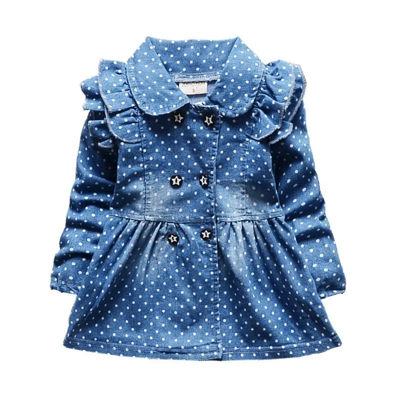 

New Fashion Brand Hot Sale Dress Girls Soft Cotton Baby Long-sleeve Dots Denim Dresses Kids Spring Autumn Infant Dresses