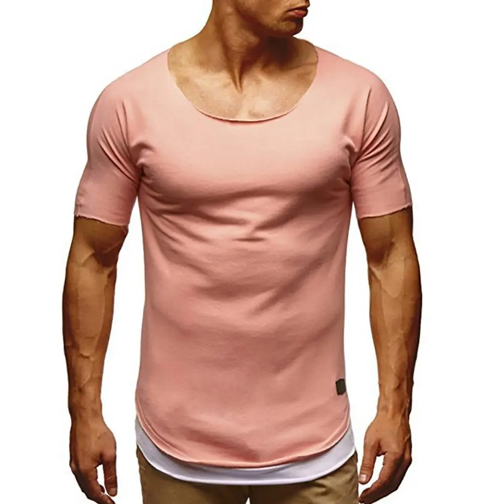

Trendy Men Tees Casual T-shirt Fake Two Piece Short Sleeve O-Neck Tee shirt Solid Color Bottoming Top False 2 pieces T-Shirt