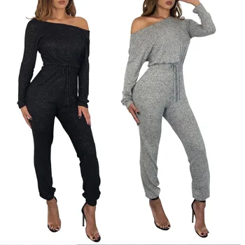 

Spring New Pattern Sexy Slash Neck Solid Color Long Sleeve Casual Jumpsuit Women