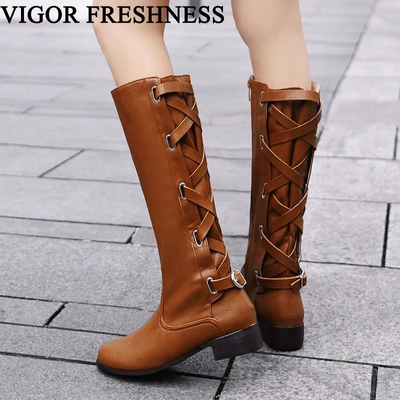 

VIGOR FRESHNESS Knee High Boots Women Shoes Winter Boots Long Woman Warm Boots Autumn Shoes Sexy Cross-tied Flat Heels MY80