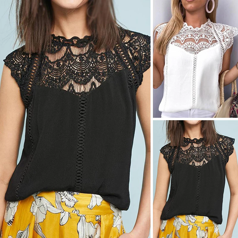 Ladies Tops Work Casual Office Shirt Round Neck Blouse Party Summer Vintage Hollowed |