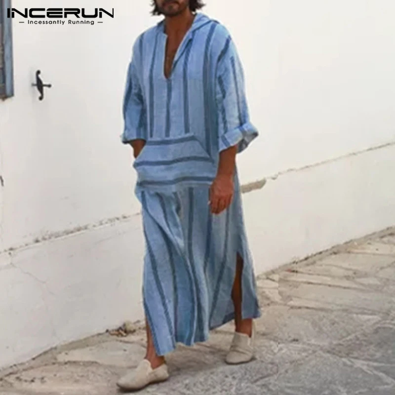 

INCERUN Men Muslim Islamic Arab Kaftan Hooded Striped Long Sleeve Polyester Men Thobe Robes Casual Pockets Muslim Clothes 2019