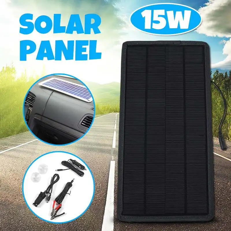 

15W 12V/5V Solar Panel 2 Output Portable Power Bank Charger External Battery Solar Cell Board DIY Clip With Cigarette Lighter