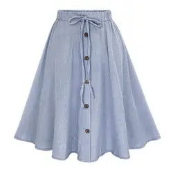 Новые женские юбки женские трапециевидные синие полосатая плиссированная юбка с высокой талией однобортные Vestidos до колена повседневные